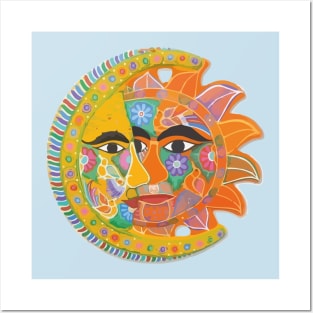 Colorful mexican flowers sun and moon eclipse handmade maximalist pottery Posters and Art